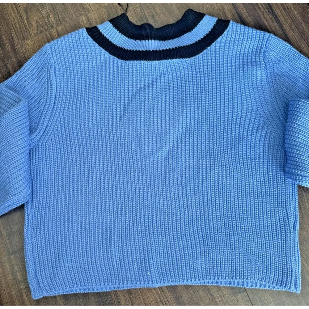 DKNY Jeans Women's Varsity V-Neck Relaxed Warm Cozy Sweater Pullover Blue Blk S